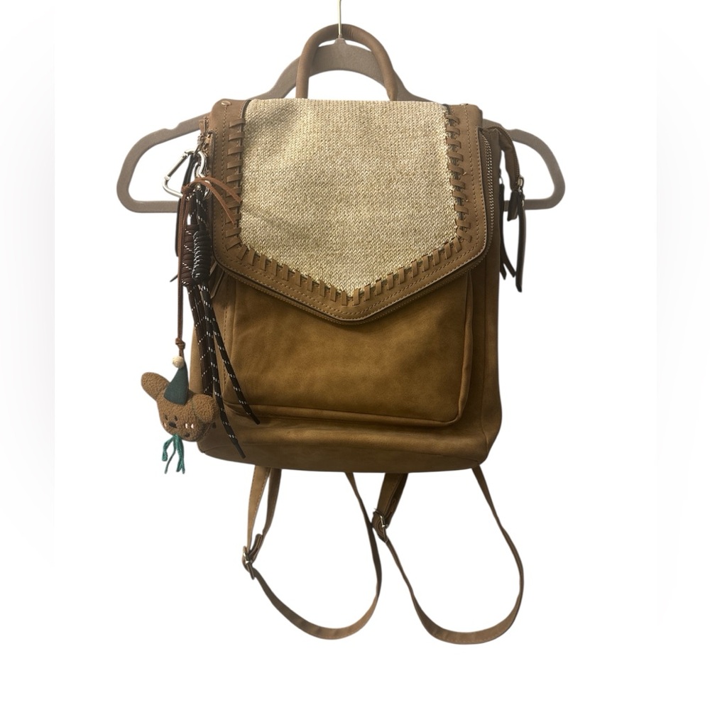 Brown Tan Backpack with Woven Flap